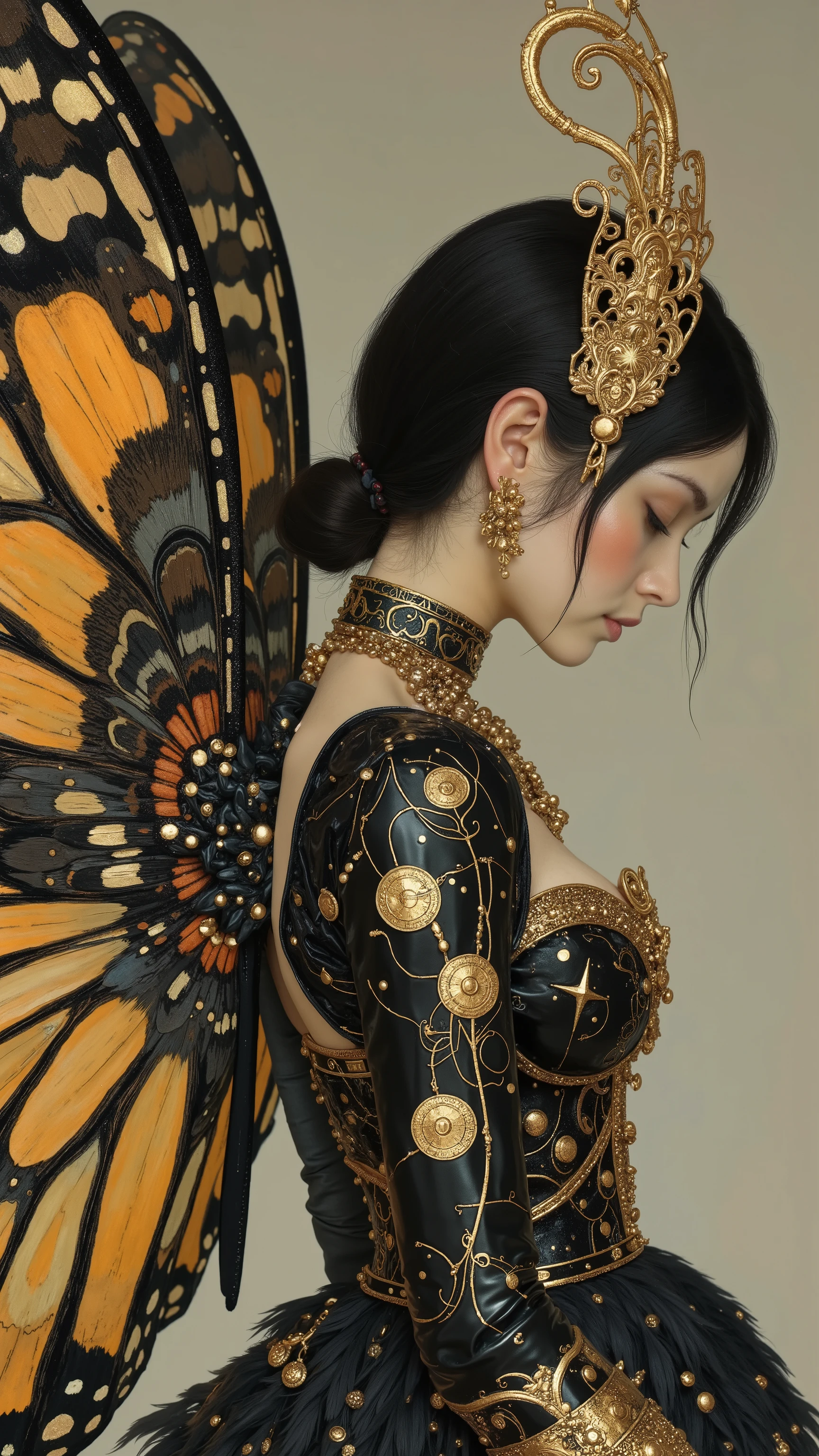 profile 、Profile、Head bowed forward posture、Women's Carafe Butterfly Costume with Black and Gold Dress, Exquisite and Handsome Feathers , Butterfly Wings, big, Beautifully open wings , Extremely Intricate Feathers !, with big wings , Intricate Costume Design, beautiful feathers , Spread your wings, Angel themed costume design made with love , beautiful costumes, Disheveled Feathers, spread wings, Award-winning costume design , high quality stage costume