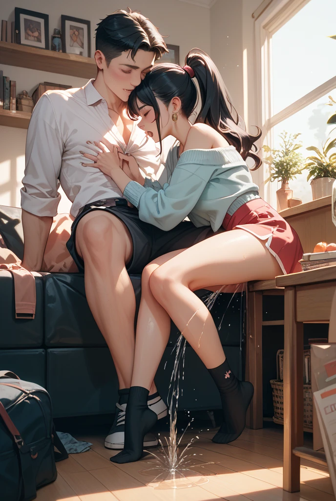(best quality, 4k, 8k, high resolution, masterpiece:1.2), over-detailed, (realistic, photorealistic, photorealistic-realistic:1.37), intimate, frank, exciting, unbridled emotions, deep connection, smooth movements, moans, sweaty bodies, ecstatic pleasure, pleasure-filled expressions, skin-to-skin contact, seductive eye contact, prominent muscles, lustful desires, electrifying chemistry, undressing, passionate hugs, teasing whispers, gentle touches, captivating gaze, orgasmic bliss, delightful beauty, intertwined limbs, seductive atmosphere, lustful energy, bright colors, soft lighting, artistically composed, desirable curves, irresistible charm, undeniable attractiveness, pleasure-inducing poses, a guy makes love to a girl, missionary standing position, A girl in a short skirt sits on a table (skirt up), The girl wraps her legs around the guy's waist and radiates passion and bliss, gentle hugs, excitement, the guy holds her hip, In a fit of passion, almost all clothes are removed, the dick is already in the pussy, energetic frictions, they merge in love ecstasy, Juice flows from the pussy, The girl throws her head back in bliss, Her long hair hanging down, No one had ever fucked her like that before.