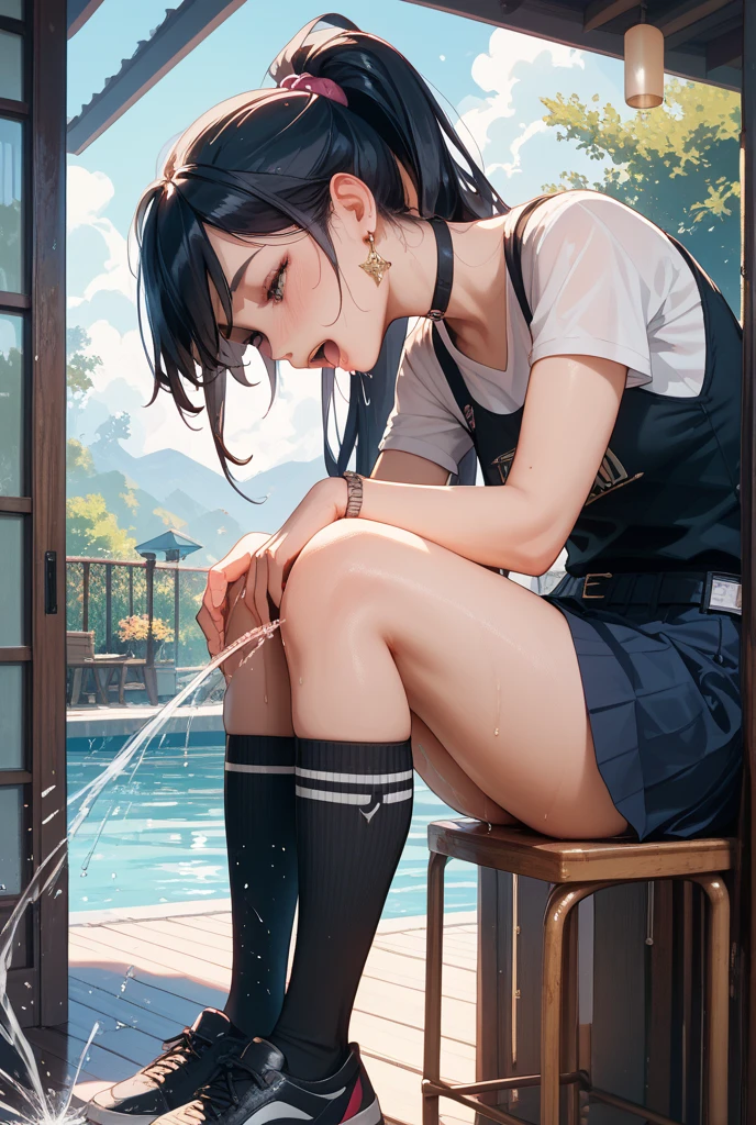 (anime style),masterpiece, best quality, extremely detailed,15Year old,tanned skin,dark skin, Beautiful body,small breasts,BREAK,multicolored colorful black hair,short hair,hair slicked back,for head,pigtails,BREAK,black eyes,out tongue,shy smile,open mouth,mouth on water,half closed eye,detailed lips,open legs,BREAK,cotton black big ribbon,BREAK,nun uniform,striped_bikini,off shoulder,navel,break,head tilt,in the park,dripping,Drinking fountains,huging2girl,from behind