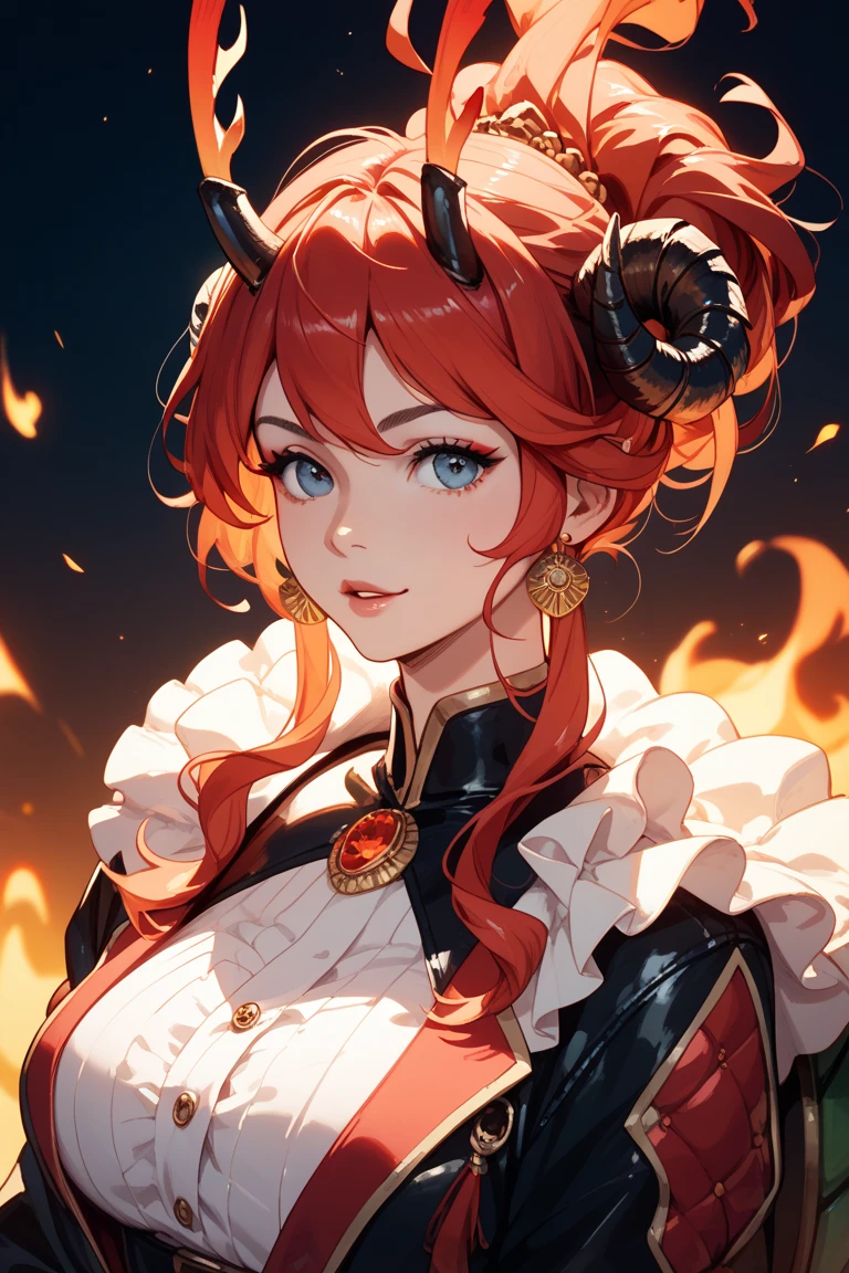 (best quality:1.1),original,1girl,queen,jewelry,(flaming:1.4),(glowing:1.4),(decorated:1.5),(close-up:1.2),(crown:1.1),yellow eyes,red hair,black garments