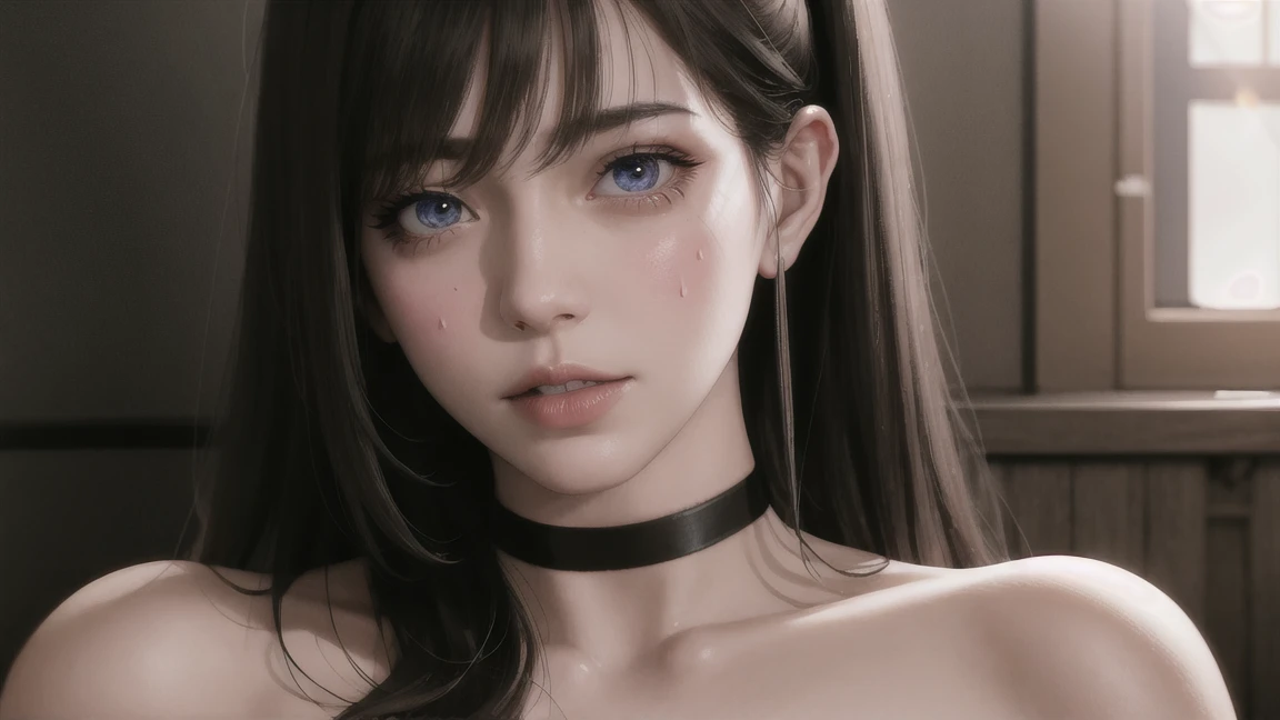 a nude model art student in a classroom, detailed face, dark hair in a ponytail, high quality, masterpiece, ultra detailed, cinematic lighting, dramatic composition, beautiful detailed eyes, beautiful detailed lips, extremely detailed face, long eyelashes, detailed pubic hair, detailed nipples