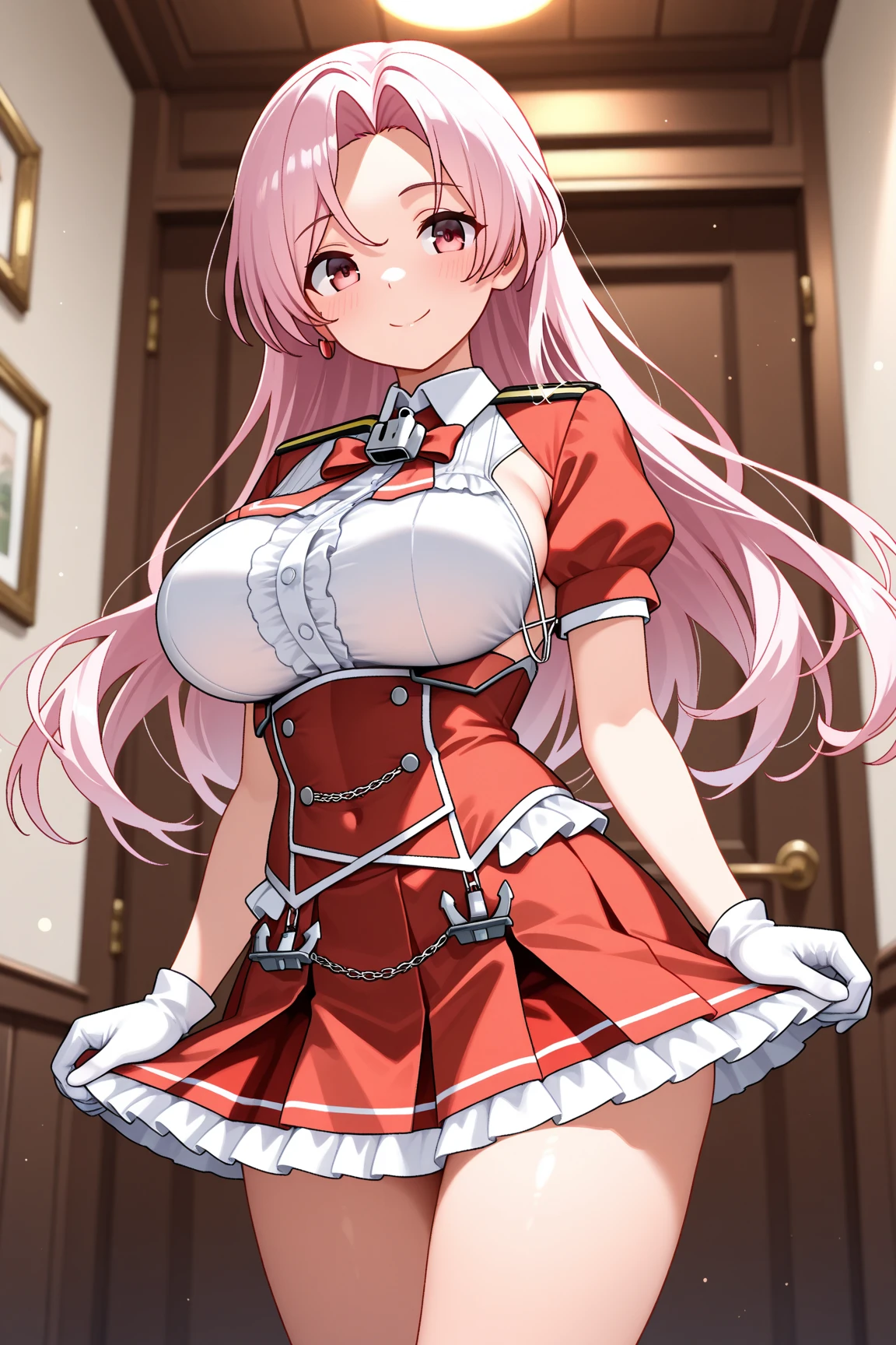 1 girl, game CG, mini Santa Claus clothes, short skirt, cleavage visible, Christmas hair ornament, gigantic breasts, pink hair, long hair, straight hair, ahoge, pink eyes, Christmas background, smile, dynamic,