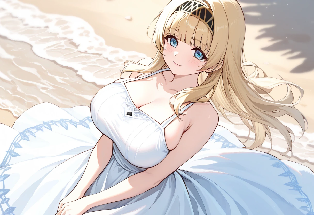masterpiece, ultra-detailed, illustration, game cg, best quality, highres, kitagawa marin, 1girl, blonde hair, swept bangs, gradient hair, red eyes, glossy lips, (upset), large breasts, beach, (quicksand:1.3), strapless wedding dress, partially submerged, (skirt spread over the sand), standing, jewelry, necklace, waist deep, partially submerged