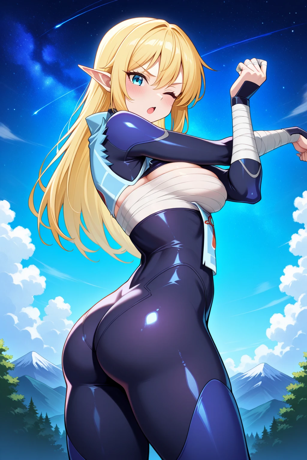 2D Anime Style、Blue eyes、breasts are slightly larger、A cool adult woman with short blonde hair is walking in the snowy night city with a cool expression.., Wear sweat tops that show your stomach, Sweatshorts