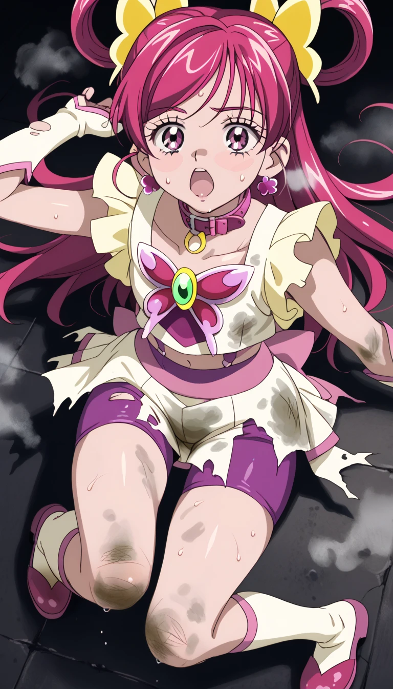 score 9, score 8 up, score 7 up, shiny skin,curefinale, anime screencap, source_anime,1girl, solo, open mouth,outdoors,park,looking at viewer,Closed eyes, face of pain, (Close your eyes) (It hurts a lot 1.7),Defeated,Damage,exploding clothes,revealing clothes,bound,restrained,pink tentacles ,too many tentacles, tentacles,bound by tentacles, bound neck by tentacles,midair,dirty, dirty clothes 