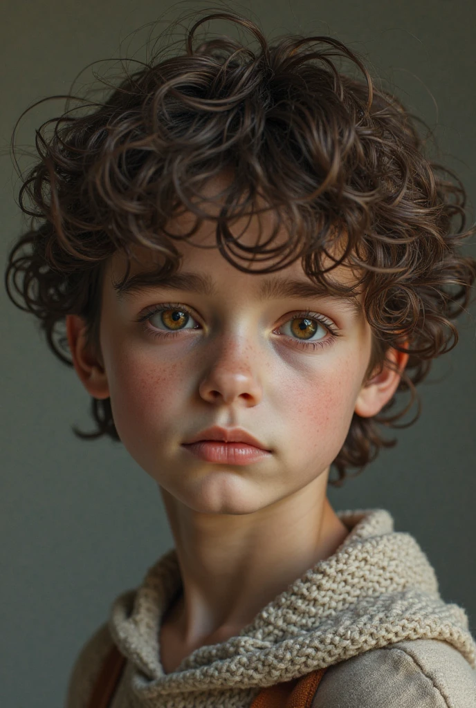 Create an anime image of a twelve year old boy, orange curly hair, light skin and hazel eyes