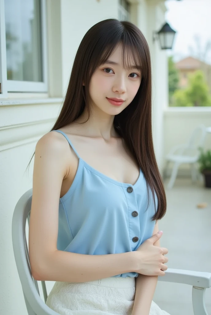 Bright honey-colored long hair with curls, The most beautiful girl in the world at 13, Young body type, Childish expression, Beautiful light brown eyes, Big double eyelid eyes, Glossy Lips, Round face, eyeliner, , Tilt your head a little, shirt, The button3Out of place, A glimpse of the chest, The chest is exposed, Small breasts, Small breasts, In an empty park, A cute light blue mini skirt, I can see her white panties, A glimpse of white panties, Squatting in pumps, Snow-white skin, Glowing Skin and Bright Cheeks, Small breasts, A shy smile,