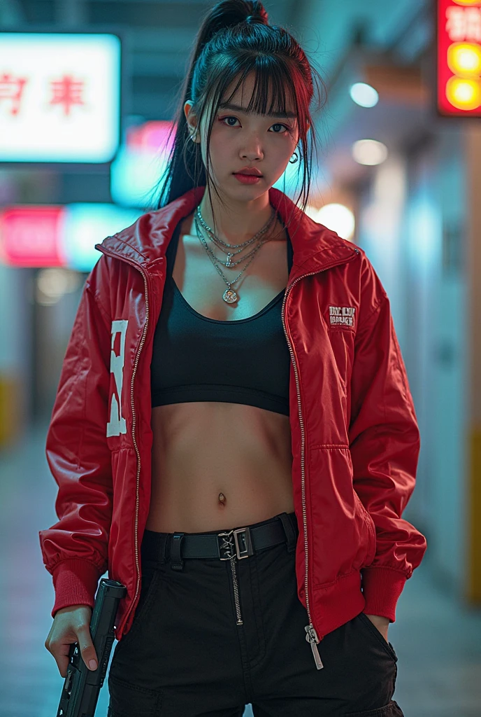 A young korean woman with medium messy brown hair and a serious expression sits on the floor indoors, leaning against a large window, the forest outside. She is wearing a bright red shirt crop with text, left open show her bare large chest wearing bra helter neck, also wearing gray underwear. She has tattoos cover on her left arm and is accessorized with a watch, a bracelet, and a necklace, grey socks. The lighting is dim, creating a moody and intimate atmosphere. Her pose, with one hand touching her neck and the other resting on her knee, adds a sense of casual yet intense focus.