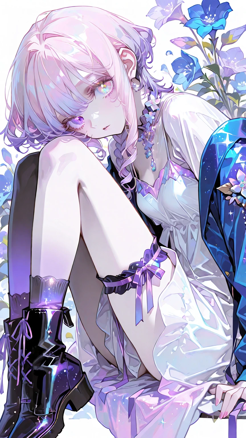 超高分辨率,8K分辨率,in a panoramic view,exquisite facial features,is a perfect face,femele,the only person,Horny nuns,Eyebrows raised,Snake eyes and ears,grieves,Hair over the shoulder,Pick dyeing,Purple hair and big breasts,crossed bangs,ribbons,choker necklace,a garter belt,Kneeling,he crosses his arms,close to viewer,pray,eventide,white skinned,(Hair decorated with bows),(A beam of light hit her face),(头发Glowing light的头发),Peerless beauty,Hair is depicted in detail,small-nose,Delicate lighting and shadows,Straight nose,Very good skin type,Delicate eye description,Clear eyes,(messy hair),The facial features of the golden ratio,k hd,Glowing light,high high quality,fresh flowers,白色Glowing light粒子效果,(plethora of colors),(Delicatemakeup),(Thick lips),lipsticks,Glowing light的眼睛,(High-gloss eyeshadow),(smooth private parts, Straight shadow,Facial protruding blue eyes,Pink eyelashes,Witch costume,Bareleged,Witch hat