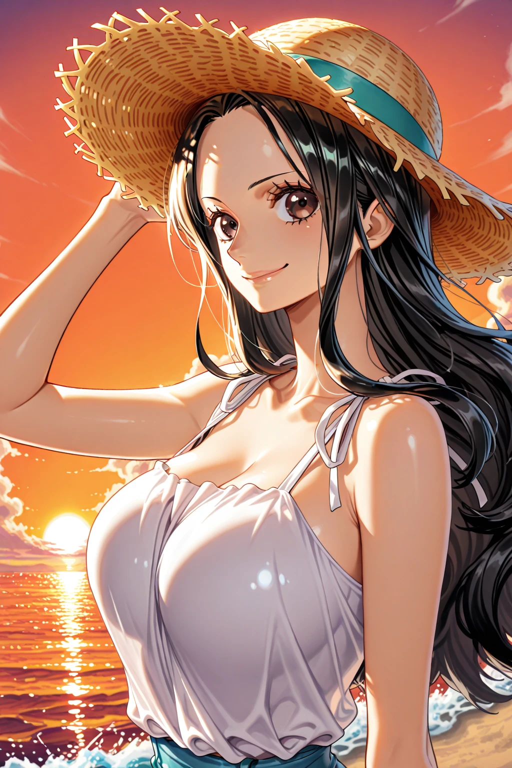 Top quality, masterpiece, from_below, look_at_viewer, look_down, masterpiece, highly detailed 8k CG unit, movie lighting, Miao Qingqing, 1 girl, swimsuit, solo, slot machine, chest, sun, sky, cleavage, clouds, single blade, dark blue hair, casual one-piece swimsuit, white one-piece swimsuit, big, hair over the shoulder, cowboy shot, from below, from the front, looking at the viewer, Chamale, jumping, dynamic poses, turning to the viewer, huge breasts, huge buttocks, curvaceous, thick thighs, hair camel toe, blush, sweat drops, standing, hands covering the chest, beach, sea, sunlight,
