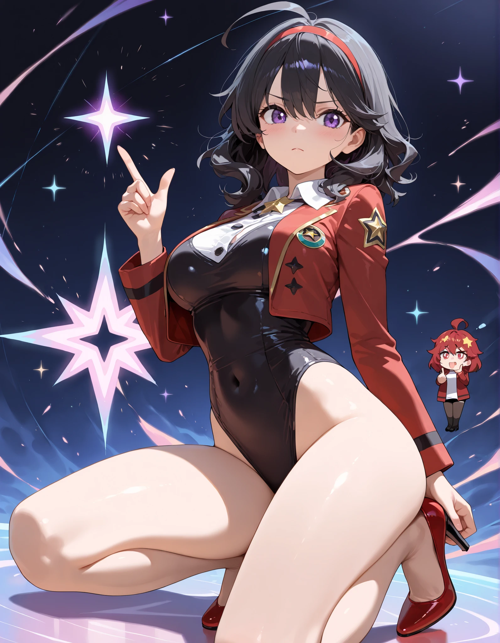 (Masterpiece), (best quality), (hires), Woman with brown eyes, age 21 (medium hair, dark brown hair, wavy hair, red hairband), ahoge, (white blouse with black stars, red jacket with stars), (leotard, bare legs, black thigh highs, high-heel shoes), purple stellar energy around, cosmic power, cosmic shining power. purple eyes, beautiful detailed eyes, beautiful detailed face, cute face, perfect hands, complete fingers, perfect anatomy, perfect proportions. (crossed hands). full body costume design, full body, cowboy shot, serious, v-shaped eyebrows.
