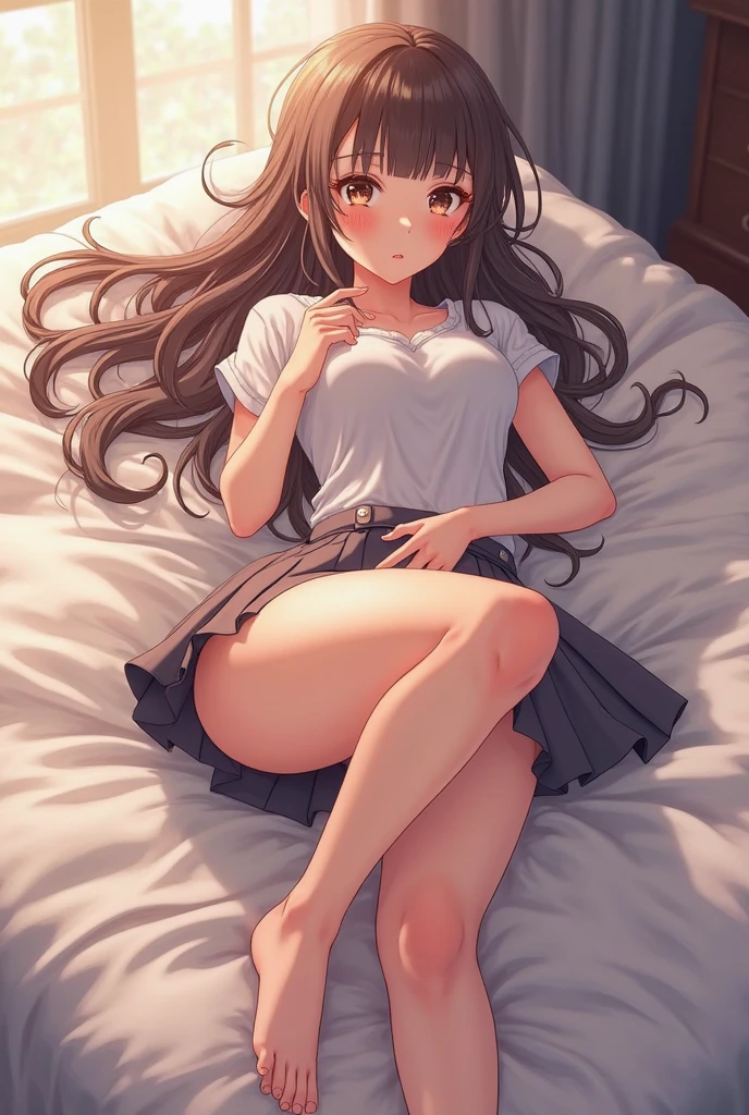Brown haired anime girl in miniskirt lying down with her legs spread wide blushing asleep