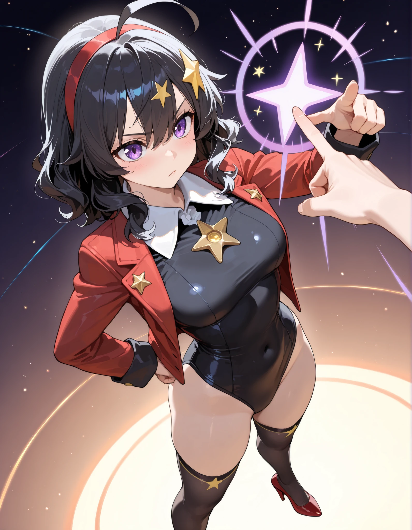 masterpiece, highly detailed, best quality, high quality, solo, solo focus, 1girl, college-age woman, brown eyes, (medium hair, black hair, wavy hair, red hairband), ahoge, (white blouse with black star (symbols), red jacket with star (symbols), open jacket), medium breasts, (black leotard), (bare legs), (black thigh-highs, red high-heel shoes), purple stellar energy around, cosmic power, cosmic shining power. (purple eyes, beautiful detailed eyes), beautiful detailed face, cute face, (perfect hands), complete fingers, perfect anatomy, perfect proportions. (pointing index finger with right hand), (casting a spell). full body costume design, full body, cowboy shot. serious