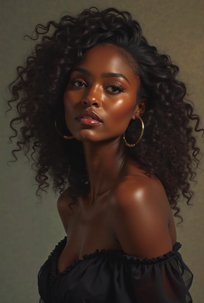 Black woman Curly hair Long eyelashes black eyes fleshy lips big hair frontal nude garters