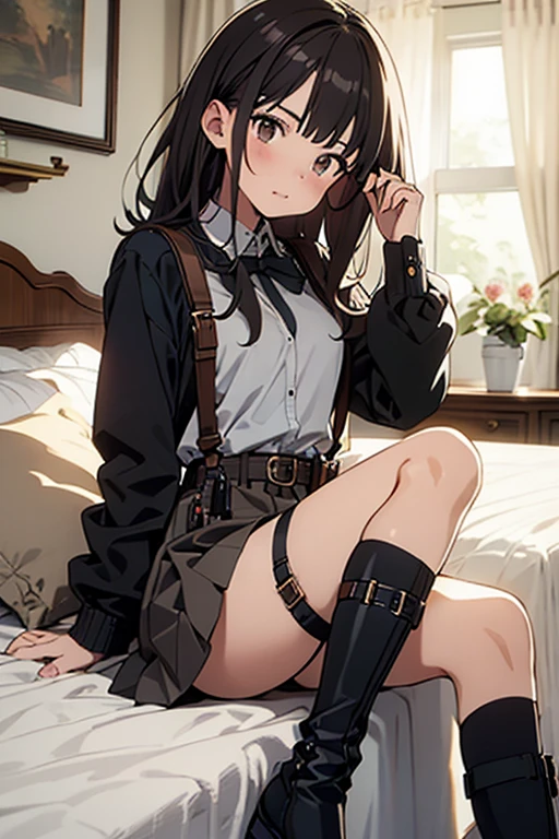 Brown hair、watching at viewers black suspenders Bulging big breasts walls: Black miniskirt garters Gaze Small face bangss holster Belt Armament Beautuful Women srestrained hands up Lying in bed Leg holster lying on the bed Gaze black boots panty shot