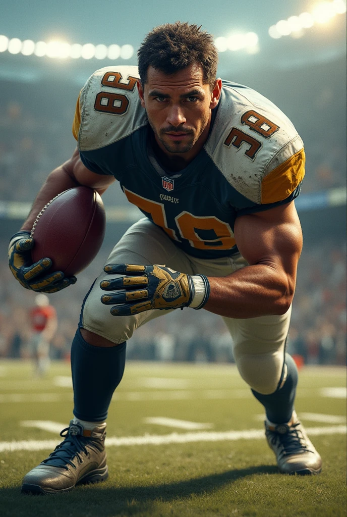 Photo of Rob Gronkowski, American football player, muscular man, (Enormous bulging biceps), ((Portrait)), ((Detailed face:1.2)), ((defined facial features)), tan skin, , wearing tight football uniform, Football field environment, (Bright color scheme), Reflectors, (Masatake masterpiece) (perfectly proportions) (photos realistic) (Best Quality) (Detailed) photographed with Canon EOS R5, 70-200mm Lens, F/2.8, ISO 800, (4K) (Wallpaper) (Dynamic lighting) (Dramatic lighting) (Sharp