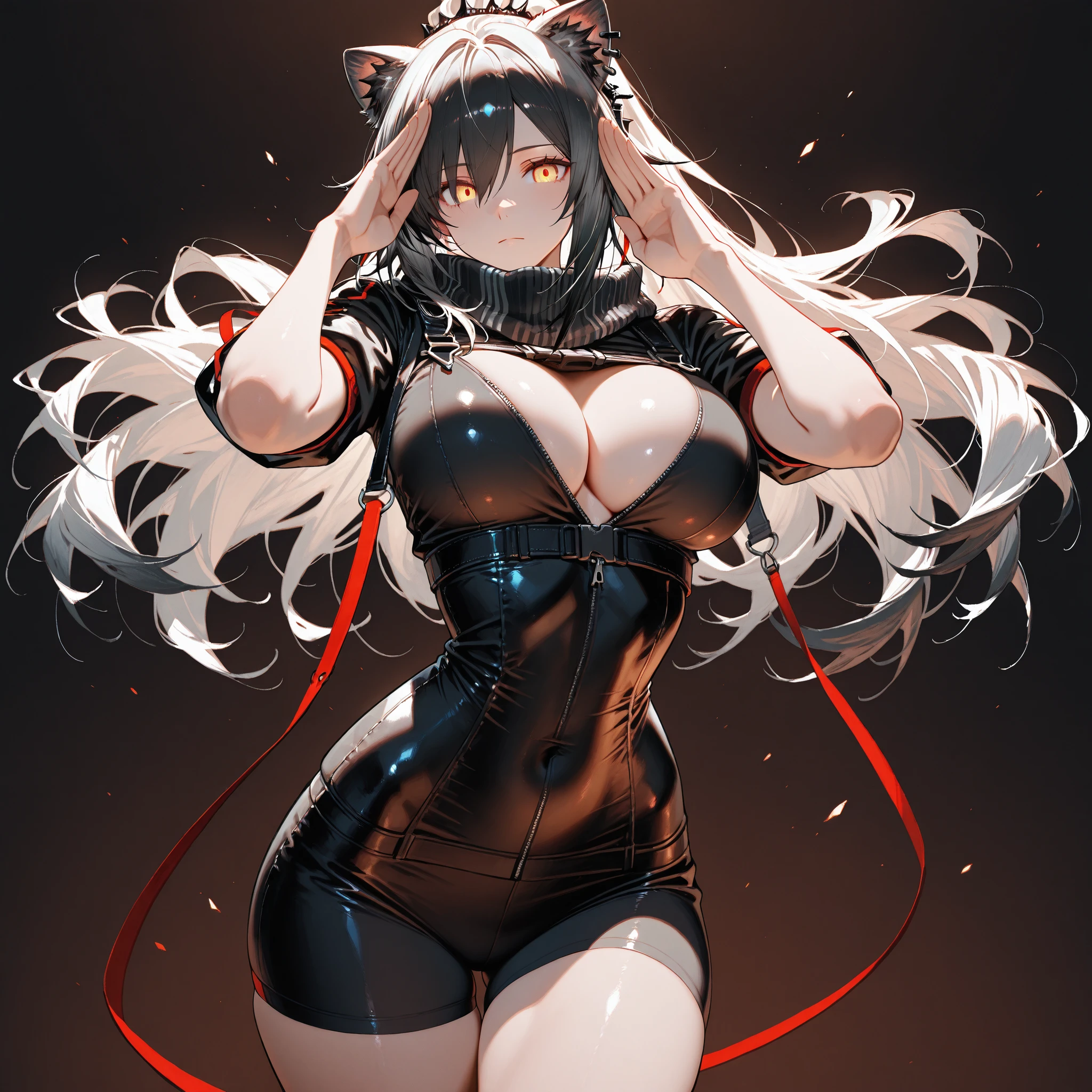 masterpiece, best quality, realistic, absurdres, perfect shadows and lighting, echanis_enicha, simple background, incredible high-key lighting, masterpiece, high quality, detailed, extremely detailed, ambient soft lighting, 4K, 1girl, alternate breast size, belly, breasts, big breasts, glowing, long hair, feathered bangs, bangs, feathered hair, navel, solo, armpits, simple background, futuristic, pale skin, gleaming skin, sweat, sweating, thick, curvy, harness, ((o-ring)), ahoge, looking at viewer, thigh highs, thigh strap, skindentation, navel, navel piercing, navel window, tight, cat ears, casual stance, underboob, boob window, skintight, smirking, varied color scheme, glowing eyes, stretching, hands behind head, (navel tattoo:1.2), (thigh tattoo:1.2), (ear piercing:0.8)
