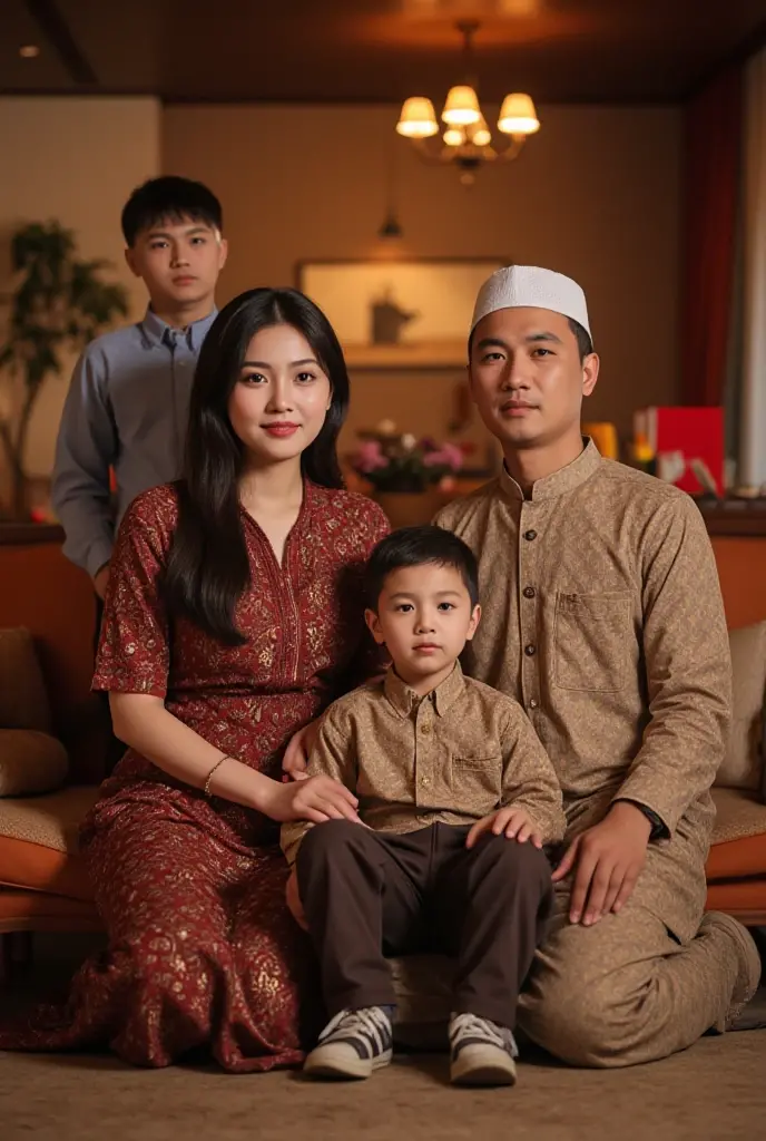 arafed family posing for a portrait in traditional clothing, an indonesian family portrait, family portrait, by Basuki Abdullah, family photography, potrait, full protrait, hyperrealism”, barong family, happy family, portraiture, award winning portrait, highly detailed photo portrait, award-winning portrait, dramatic portraiture of namenlos, realism art
