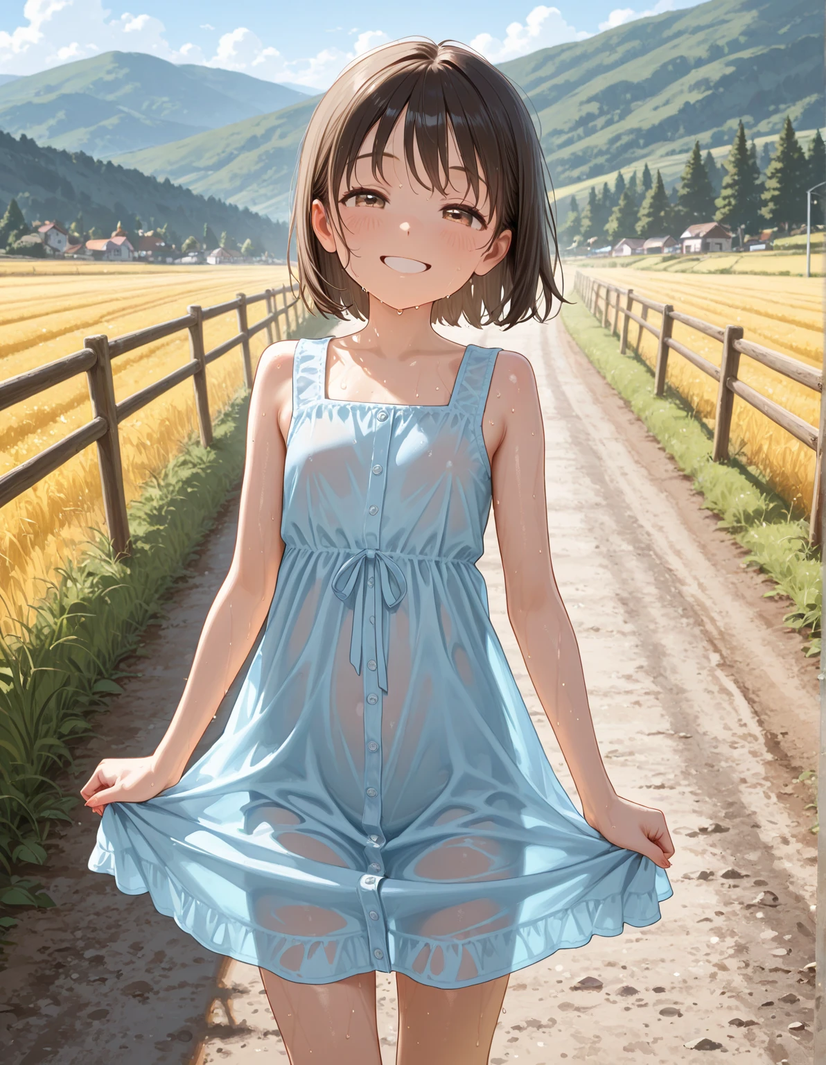 10 years old,Girl,,Flat Chest,Full nudity,Highest quality、High resolution、Detailed Background、Beautiful face in every detail、Teenage Beauty、Brown Hair、Bobcut、Big smile、boost mood、 Summer sun、Shining Sea,Hands behind back
