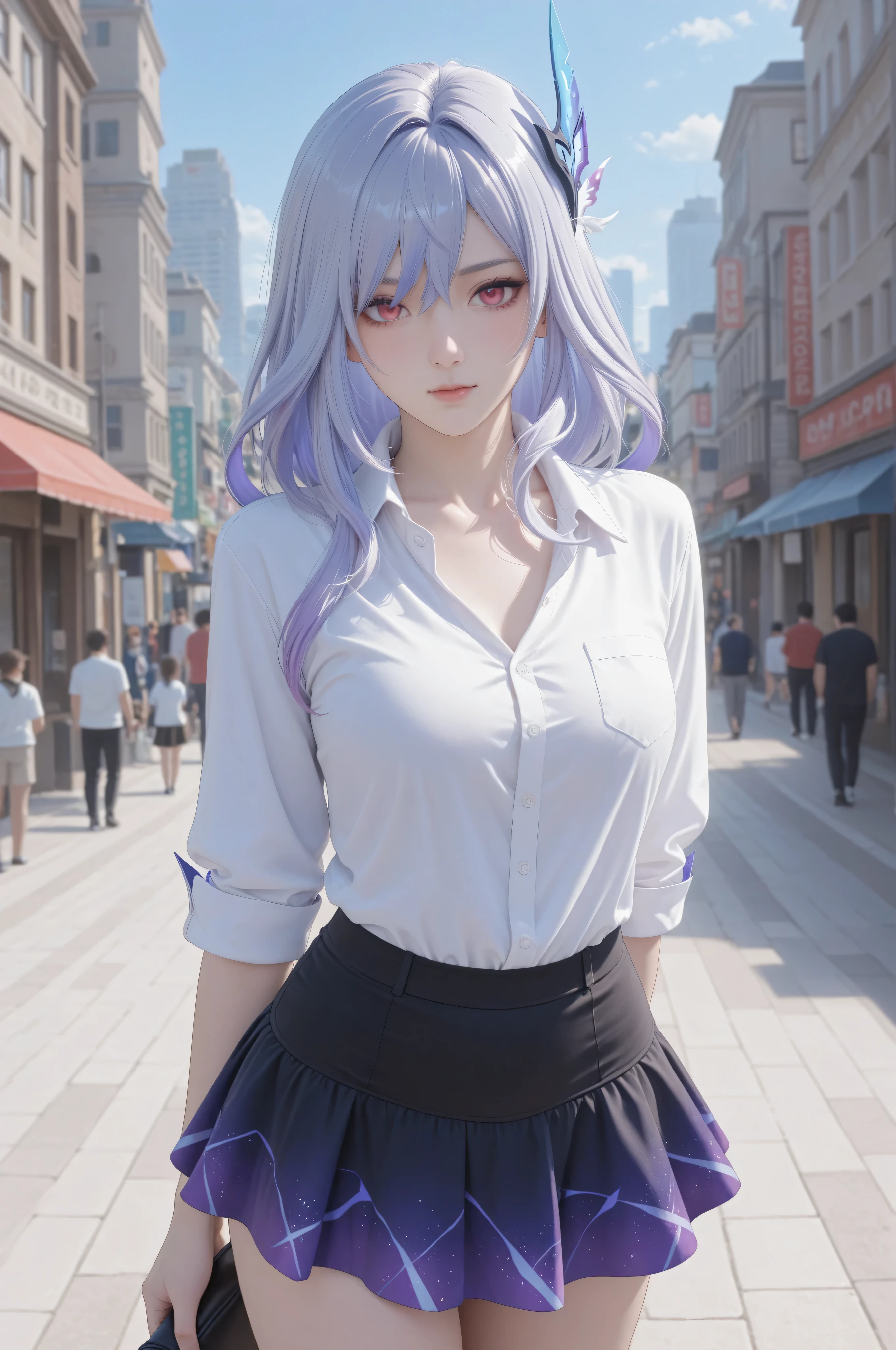 score_9, score_8_up, score_7_up,source_anime, high res image,masterpiece,best quality,girl,cute face,clear skin,skirk_genshin,skirt,shirt,city,