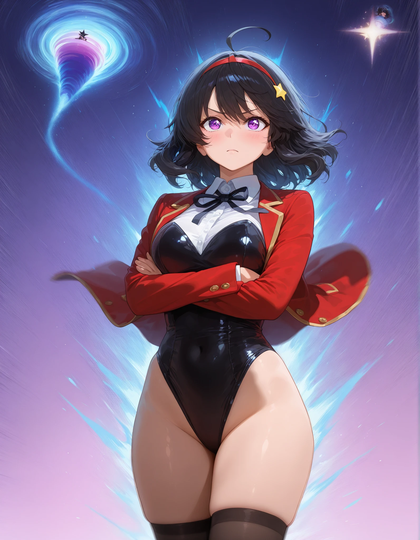 Taeko Kondo、Girls&Panzer、Brown Hair、Short Hair、((Thigh-high boots))、Photo from below、Medium chest、Bedroom、(Doronjo)、Red ribbon、Black gloves、leotard、Cape