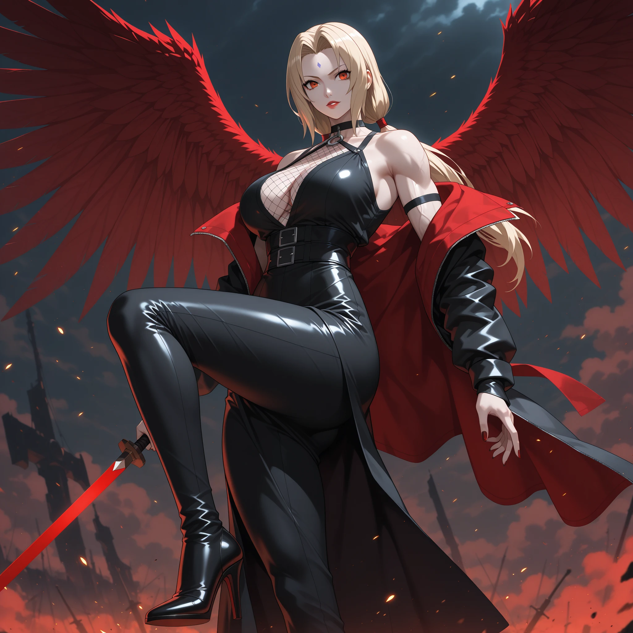 masterpiece, realistic, hyperrealistic, best quality, ultimecia, horns, red dress, plunging neckline, feather trim, black wings, facial marks, claws, full body, smirk, chaotic magic surrounding her