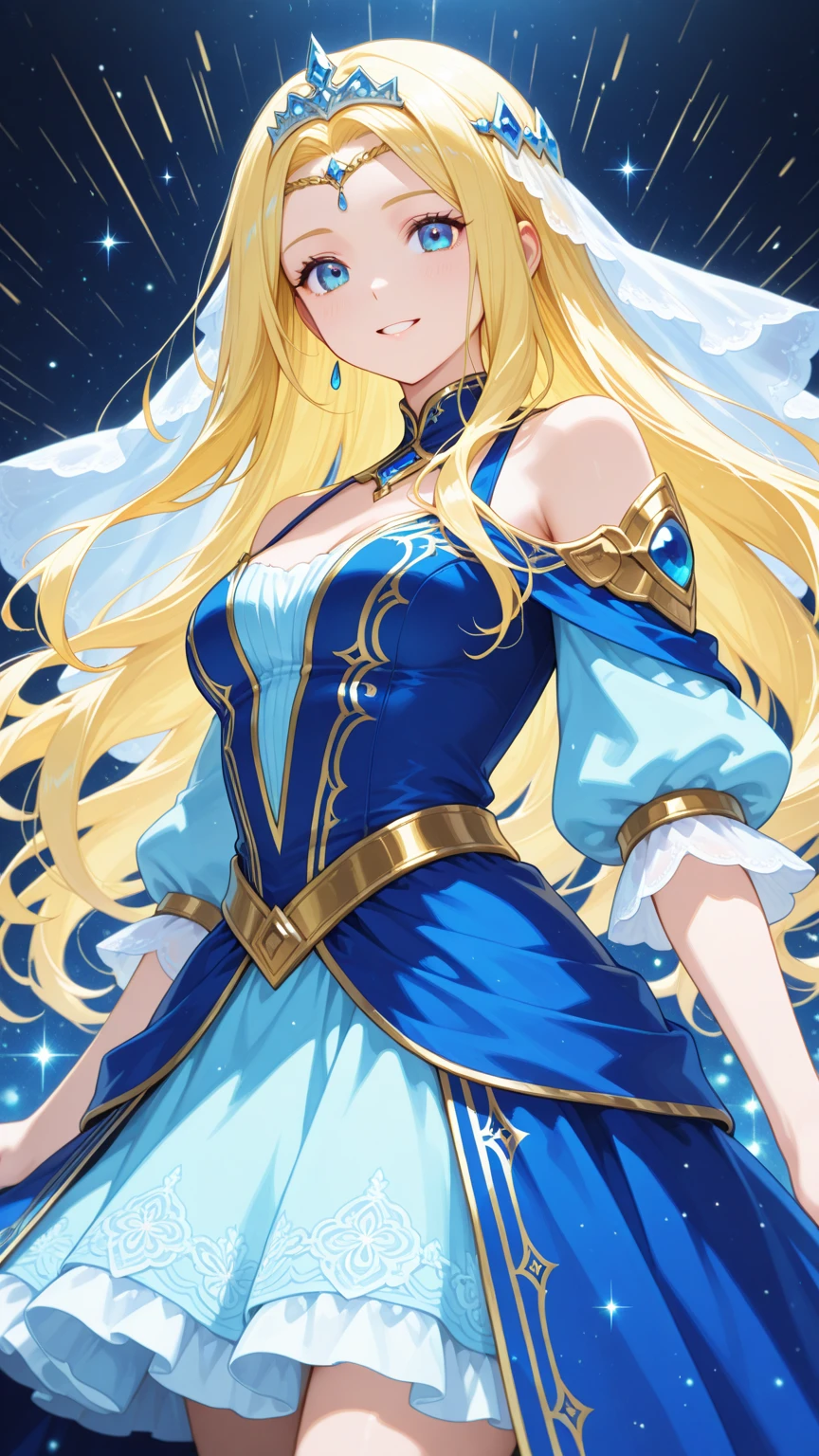 (4K、High resolution image quality、Detailed light、Detailed Shadows、Detailed Design)、1 girl、((Fit your whole body in the frame))、Blonde、Long Hair、Straight Hair、Fantasy、Blue and white outfit、((Modest chest、Small breasts))、Angel、((Valkyrie))、Decoration on the head、Angelの翼、Big feather、Glowing feathers、Floating in the sky、Morning Glow