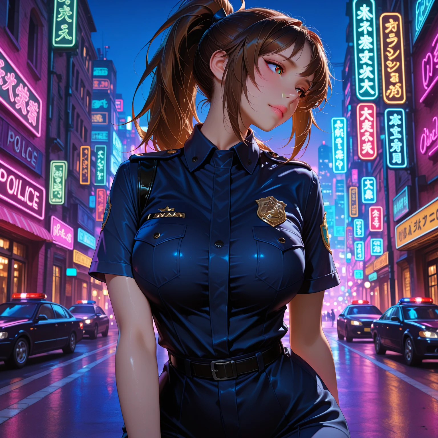 A female cop in a very eye-catching, sexy uniform patrols the streets of Bangkok at night, exuding confidence and friendliness. The uniform fits her perfectly, accentuating her curves. She wears a fitted, black leather jacket with a reflective badge that catches the lights from the city. Her pants are sleek and form-fitting, made of high-quality black fabric that allows her to move effortlessly. The uniform also includes knee-high black boots with a slight heel, giving her a powerful and commanding presence. Her face is framed by luscious, flowing dark hair, cascading down her back. Her eyes are piercing and alert, the perfect combination of strength and empathy. She has perfectly manicured eyebrows that arch gracefully, giving her a look of determination. Her beautiful lips are painted with a bold red lipstick that enhances her confident smile. As she walks through the vibrant streets of Bangkok, the scene is bathed in the colorful glow of neon lights. The city comes alive at night, with busy night markets, street food vendors, and the sound of bustling traffic. The atmospheric haze adds a sense of mystery and excitement to the scene. The cop moves with purpose, her every step exuding authority. People passing by can't help but notice her, feeling a sense of security in her presence. She interacts with the locals, exchanging smiles and friendly nods, making them feel safe in the bustling city at night. The artwork captures every exquisite detail, from the intricate stitching on her uniform to the reflections in her eyes. The level of detail is remarkable, showcasing the artist's meticulous craftmanship. The colors and textures are vivid and realistic, bringing the scene to life. With its high resolution and stunning realism, the artwork transports the viewer to the vibrant streets of Bangkok at night. The combination of the cop's confident presence, the dynamic city atmosphere, and the attention-grabbing uniform creates a captivating visual narrative.