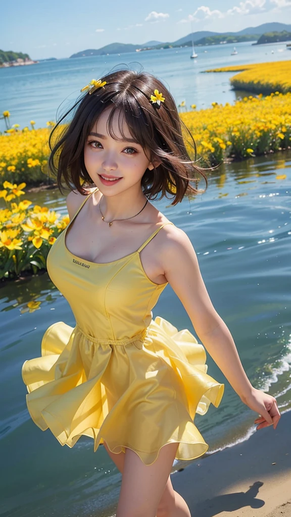 ((highest quality, 8,000 people, masterpiece:1.3)), 27 year old sexy woman、concentrated: 1.2, B West, Perfect body beauty: 1.4, ((Layered Haircut:1.2)), (orbit), Highly detailed face and skin texture, White skin, whole body, Take a look at it, ギャップはbig., ,beautiful medium-sized breasts, smile, Beautiful Teeth, The background is blue sky with clouds breaking, (Yellow translucent dress), (Wearing a short sleeveless dress)、Layout from above the knee、(big, Round eyes and face)、What a lovely smile