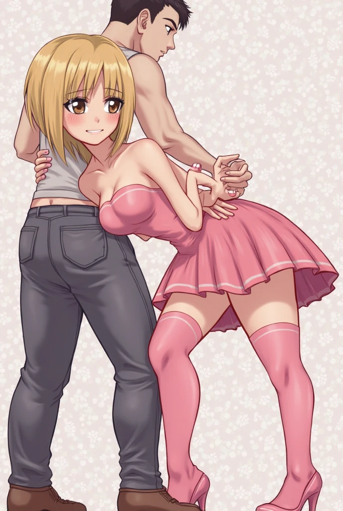 Mickey_Mouse is having sex with a sexy horny 8yearold blonde slut is wearing a crop_top and a lewd miniskirt. 1girl, upskirt, pussy. 1 male Mickey_Mouse