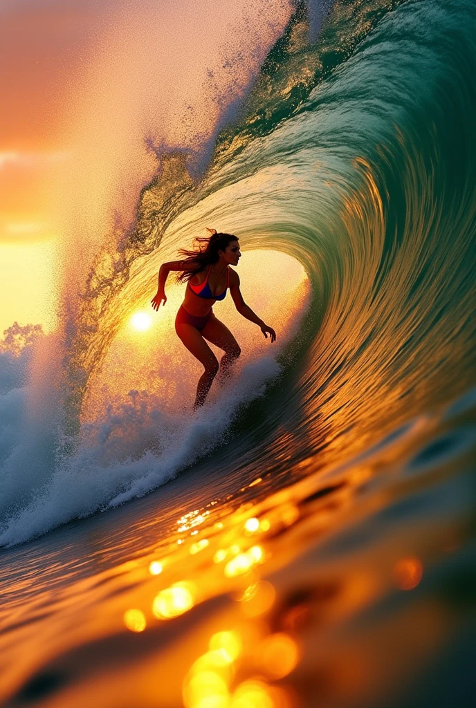 "A surfer is riding a large, tubular wave at sunset, on a paradisiacal beach. The scene shows the natural beauty around, with golden sands, coconut trees swaying in the wind and the crystal blue ocean that merges with the orange sunset sky. The main focus is the tubular wave, captured at the moment the surfer is inside the tube, but the surfer is not detailed in the foreground, keeping it more of a silhouette figure. The image conveys a feeling of freedom and serenity, with an emphasis on the raw beauty of nature."