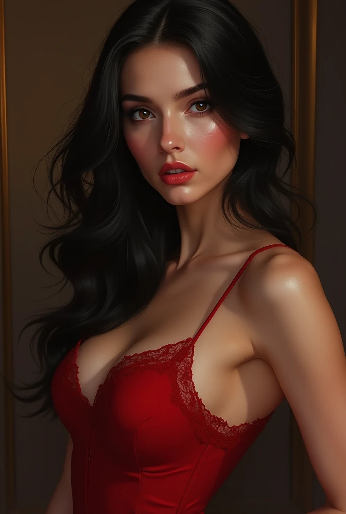 Araffe with a red headband and a red bra, vampire of clan lasombra, Vampire The Masquerade, second life avatar, succubus in summer dress portrait, inspired by Constanza Gordon-Cumming, carmilla vampire, Close-up of the bust, Full body closeup, succubus in short tight dress, female vampire, sinister pose