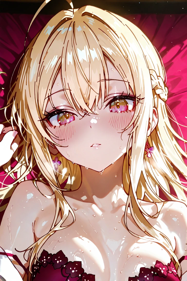 Generate an image of Honami Mochizuki from Project Sekai. She is a high school student with long, straight hair in a blonde color.,with a slight curl. Her side hair is shorter and also slightly curled. She has straight-cut bangs, that frame her forehead. Often, has big, gentle red eyes and a warm, friendly expression. blunt bangs,nsfw,steam,medium breasts,sweat,Completely naked,1girl,1boy,penis,cum on breasts,Gradient with pink tips,close to viewer, lie on one’s back,upper body