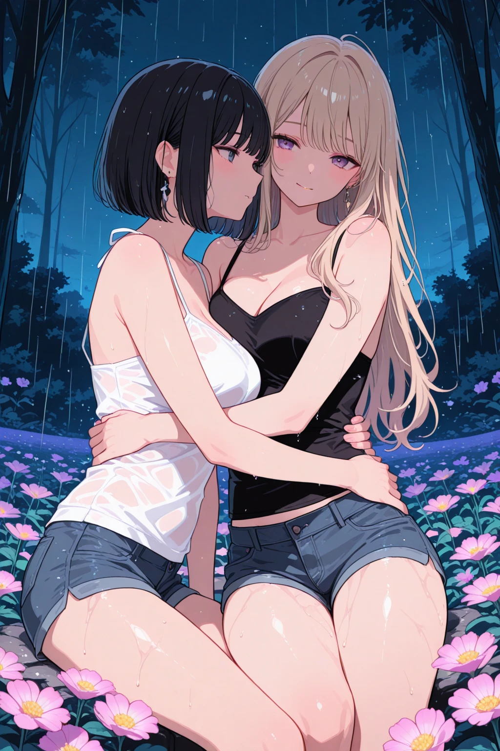 masterpiece, best quality, 2girls, (closeup), 18yo teen, slim, small breast, naked breast, nipple, open purple raincoat, sitting, in abandoned train, hugging, lode, smile, heavy rain, downpour, flood, wasteland, grey, desolate, rain, dark, watercolor, (topless:1.2), small breasts