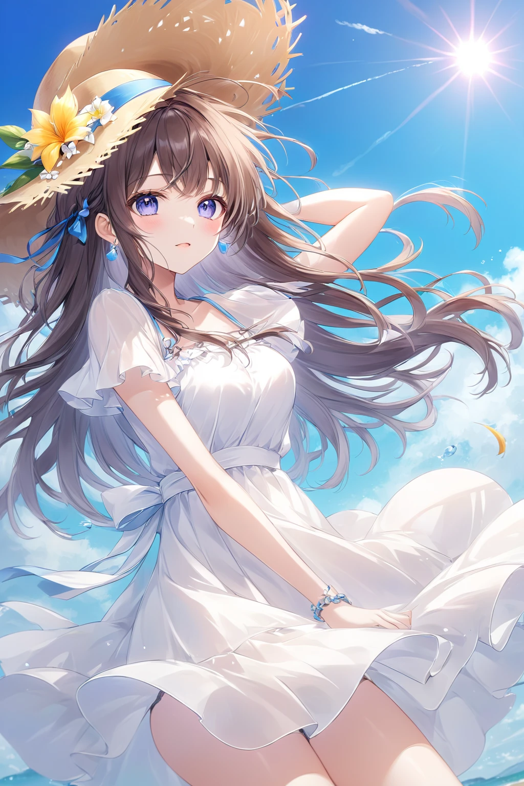 Highest quality, 6 year old female, Flat Chest, Young face,Height: 120cm,Brown long hair, blue eyes, A revealing thin white dress, sunset, Upper Body, sexy, Angelic, Thin fabric, See through, God's Rays, Fluffy Clouds, Colorful flower garden,