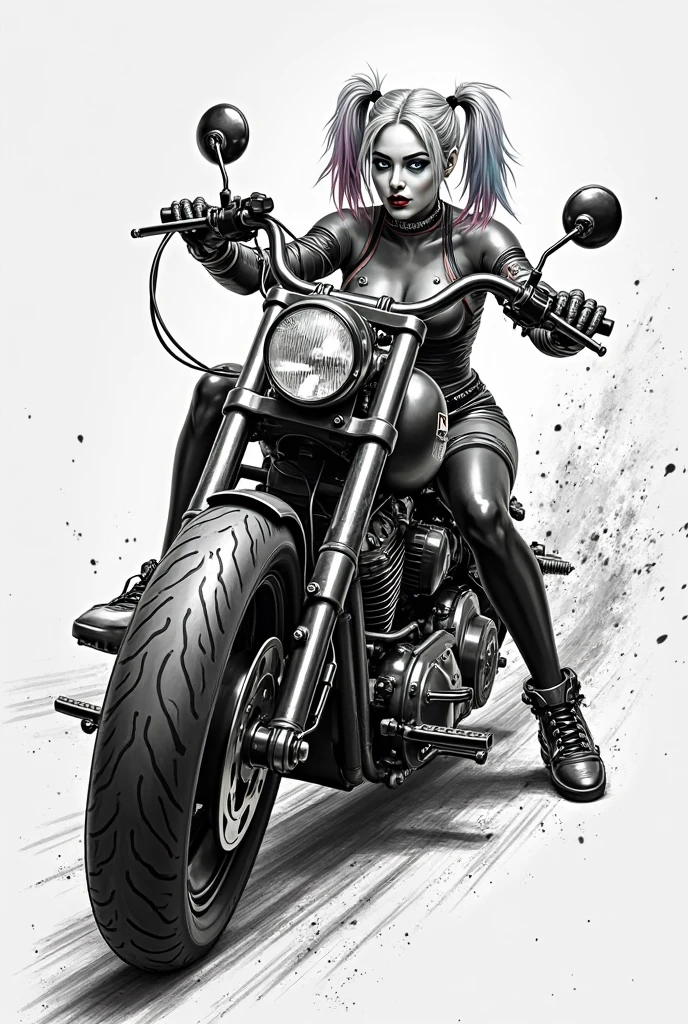 (Setting Holocaust Badlands (road warrior theme)) A bandit woman (Kate Mara, 25, scrap metal armor, sexy torn fishnet body stocking, tattoos) is riding a wasteland motorcycle (big engine, smoke and fire exhaust, bone trim over metal frame, spikes), Kate is driving one handed and pointing a gun at the viewer (the vehicle she is chasing), cinematic quality, HD, action, adventure