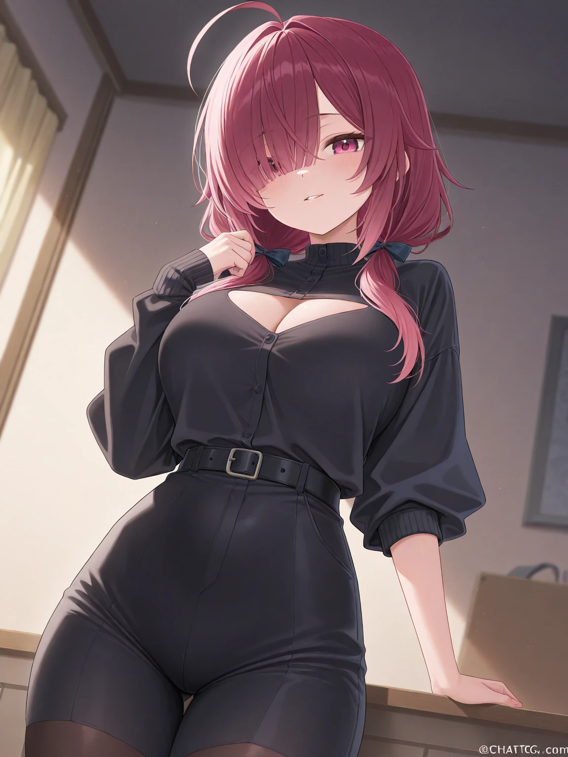 1girl, underwear, tight shirt, lingerie, big chest, green eyes, long torso, red hair, ponytail, shiny skin, reaching at the top of a cupboard