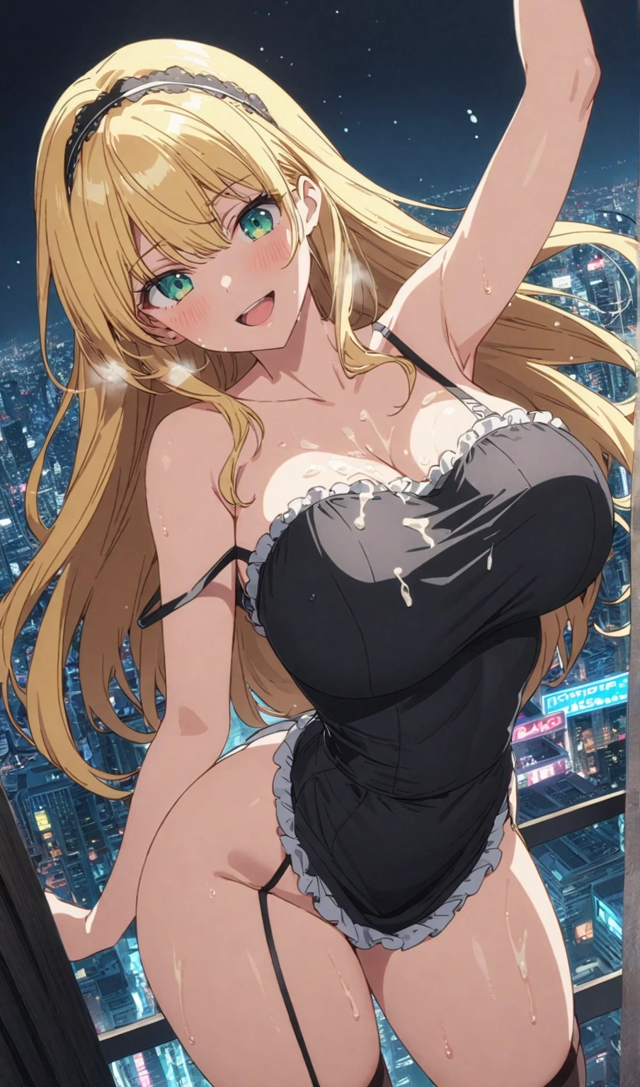 masterpiece, best quality, official art, extremely detailed CG unity 8k wallpaper, detailed background, (hand by Guido Daniele), (detail fingers), (dynamic angle), 1 mature girl, (curvy), (standing on night club), (leaning forward:1.12), (bent over:1.12), (Korean fashion clothes), (black off-shoulder dress:1.12), (bare shoulders), (long sleeves), (black mini skirt:1.12), (long blonde hair:1.13), (ahoge:1.13), (hair intakes:1.13), (high ponytail:1.13), (green eyes:1.2), (half-closed eyes:1.12), (seductive smile:1.12), (huge breast), (hanging breasts, long breasts:1.11), cleavage, (earrings), (necklace), (bracelet), shiny skin, narrow waist, indoors, (night club:1.12), (colorful neon lights:1.12), (dance floor), (public), (crowd:1.11)