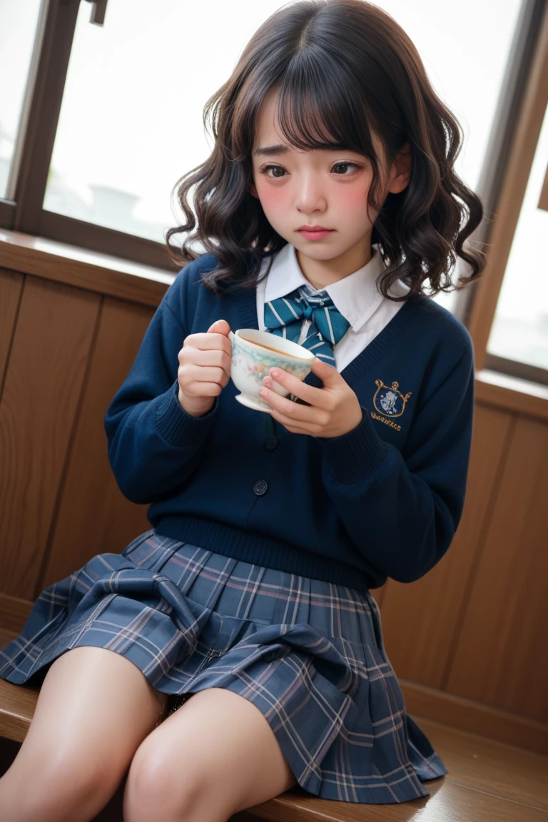 (highest quality、masterpiece:1.2)、highest quality、realistic、photograph、High resolution、1080p、8K、Pale, rough skin、The face is especially pale., physical rendering、one Japanese girl、Junior high school student sitting、cute, 13 years old, , (((big very detailed beautiful dark brown eyes))), ((girly large wine-red glossy polyester Japanese school ribbon bow tie)), ((((very beautiful long braids hair)))), ((((dark blue blue blue & deep navy colored tartan checkered formal long pleated skirt)))), ((A formal dark blue blazer that is slightly oversized and has an emblem on the left chest.)), ((Watching the viewer and laughing)), Very fun, Very happy, mouth is open, the skirt is so cute, detailed fingers, modest chest, ((curled bangs)), so beautiful, long eyelashes, (((Touching your hair with your hands))), ((Impressive and very very very cute eyes of Japanese girls)), double eyelids, The entire skirt is photographed, Very cute face, thin sagging eyebrows, Drooping eyes