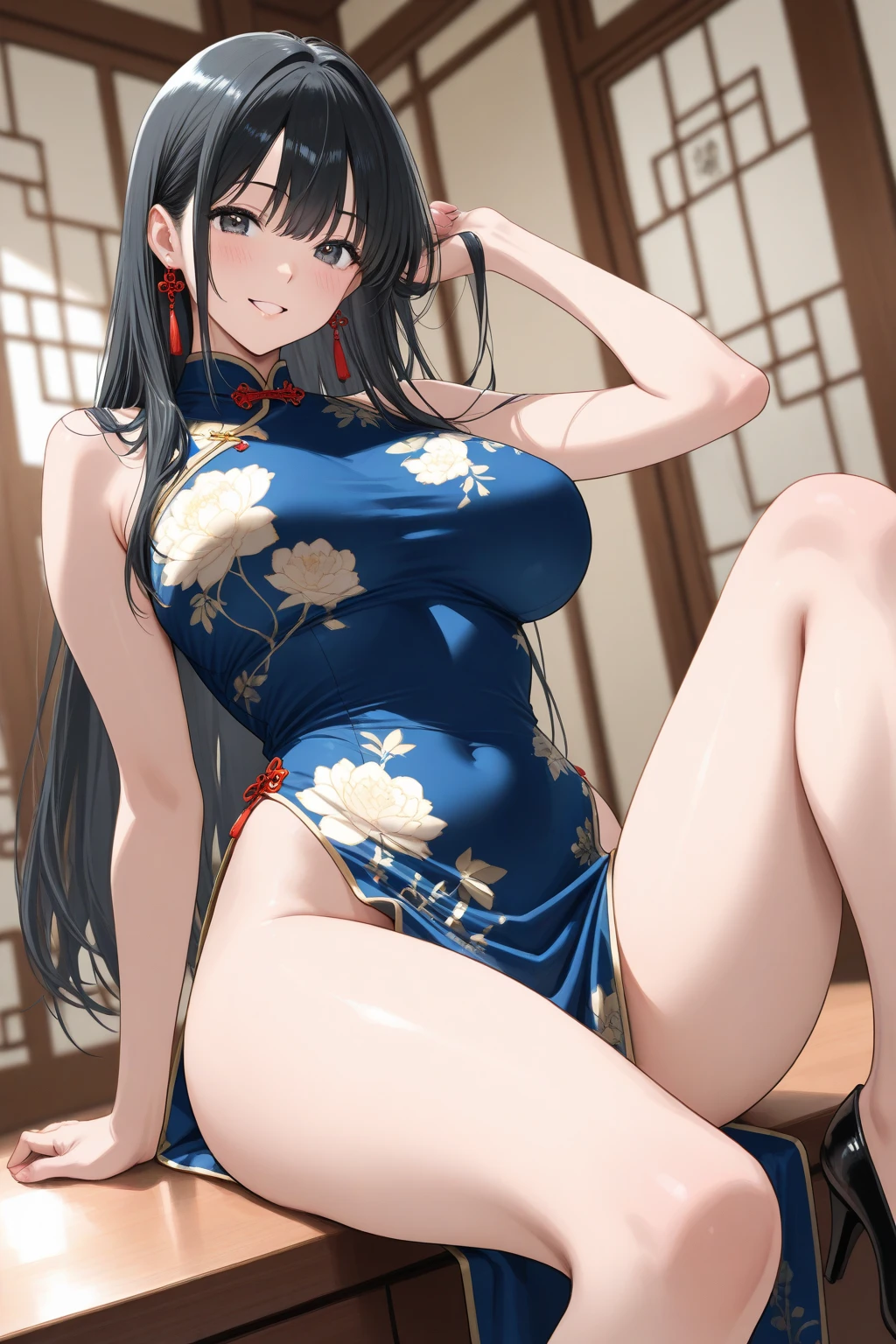 ancient China　A young, beautiful princess in a long-sleeved Chinese dress is soaking wet all over.　Nipples are visible
