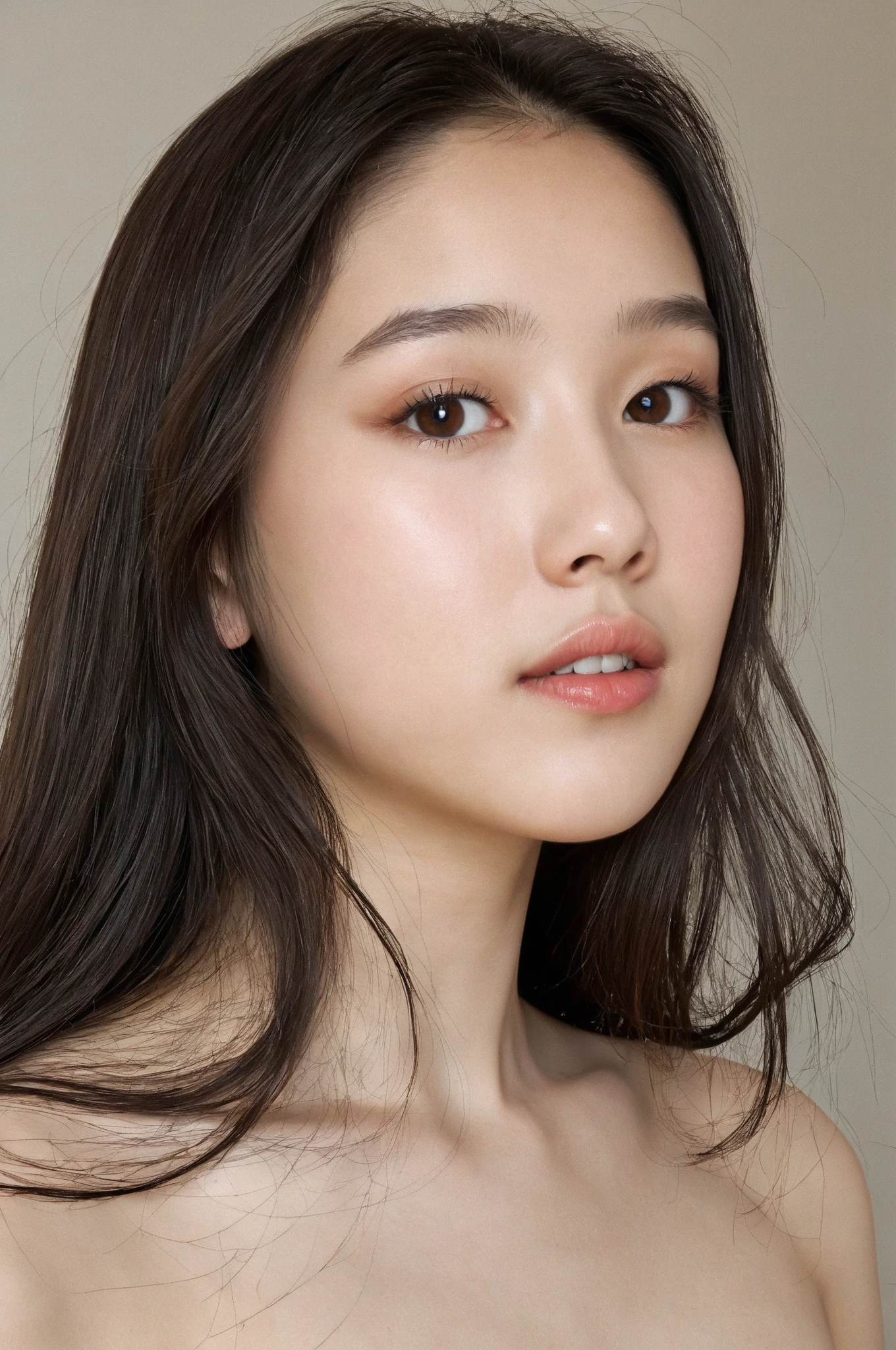 Generate an image of a 19-year-old Korean girl, Youthful and harmonious face, with an oval shape and delicate jaw. very fair skin, Soft and luminous , of porcelain appearance. Large, striking, almond-shaped angelic eyes, with well-defined double eyelids, dark iris hazel and bright and innocent expression. small nose, Straight and refined. Naturally shaped lips and a soft heart, with discreet volume, especially on the lower lip. Straight and well-profiled eyebrows, slightly arched. Long straight hair with soft waves, usually in dark tones such as brown or black. Thin neck and elegant posture. Features that combine classic delicacy with sexy yet tender model proportions. The image has to be seen in profile from the chest so that the extremely human and realistic facial features can be seen in detail