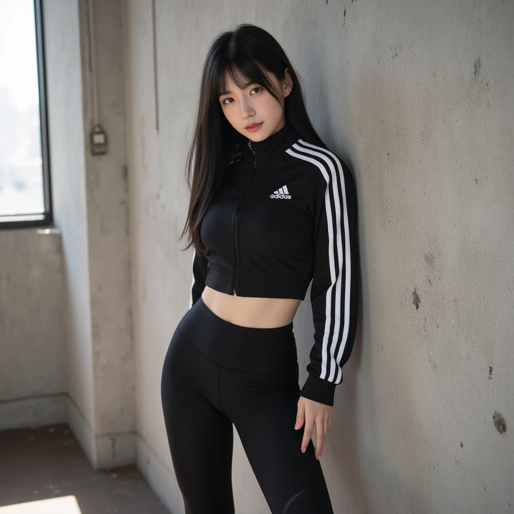 ((highest quality, 32k)), ((masterpiece)), (Get used to it), Perfect Face, Beautiful woman, public, smile, she is wearing gym clothes, Beautiful hip line, gym suit, Large Breasts, Get on all fours