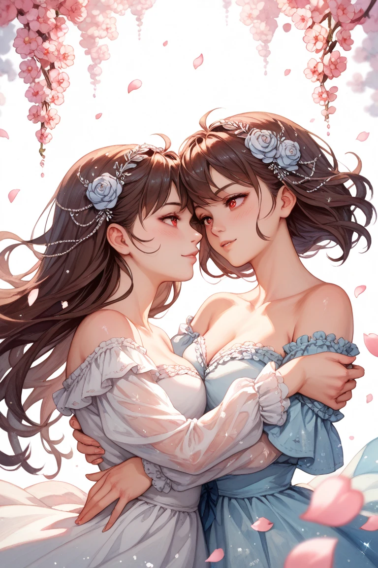 ((masterpiece, best quality)), ultra-detailed, ultra-precise image, ultra-detailed image, (dynamic pose), beautiful background, lesbians, two girls, girl kissing another girl, masterpiece, kiss, sexy, in love