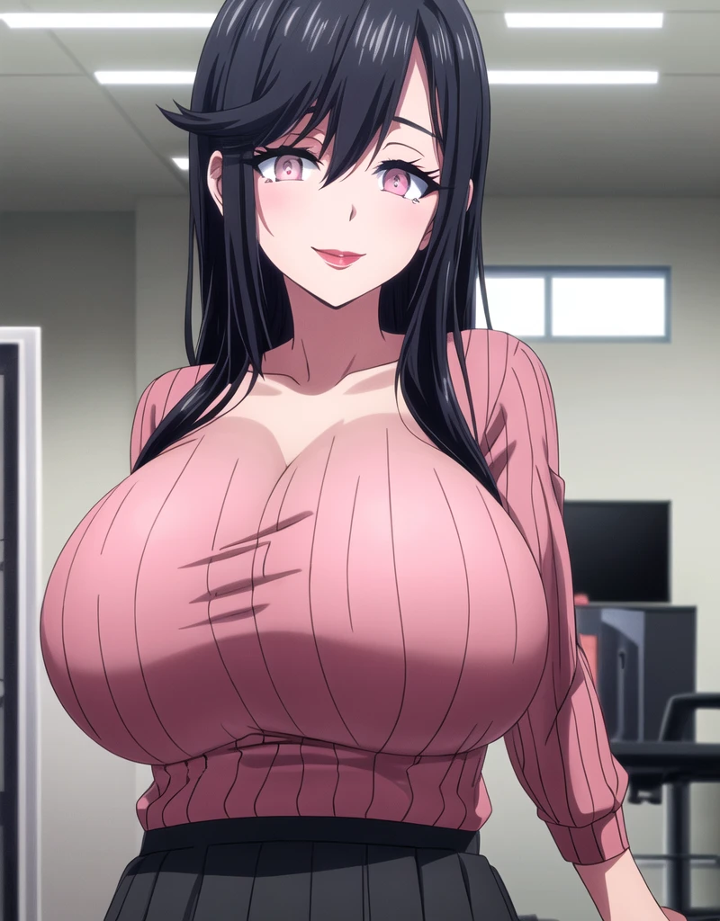 masterpiece, best quality, absurdres, 8k, perfect shadows,perfect lighting,hdr, cowboy shot,shiny skin,skindentation, beautiful body, NamiFinal, ((black hair: 1.4)), long hair, blue eyes, (c(black skirt suit:1.1), pencil skirt, miniskirt,curvy, thighs, cleavage, highheels, shiny clothes, skin tight), complex detailed background, inside, luxury palace) (gigantic breasts,hourglass body, thin waist,very slim waist)extremely detailed face,detailed eye makeup, detail face, nice detailed eyes,nice hands, perfect hands (realistic pupils,realistic iris:1) heavy eye makeup,glowing eyes, Bright eyes,standing,standing at attention,(seductive smile), gigantic breasts, curvy, (( tan skin: 1.1))