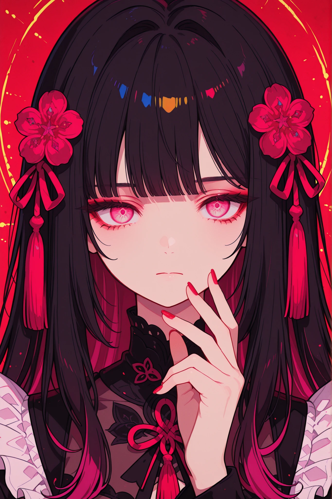 
girls, solo, red nails, viewers staring sharply, Bang, pink eyes, long hair, black hair, hair ornament, hand up, Flower, blunt Bang, closed mouth, Tassel, ribbon, portrait, colorful, red background, frills, multi-colored hair, upper body,