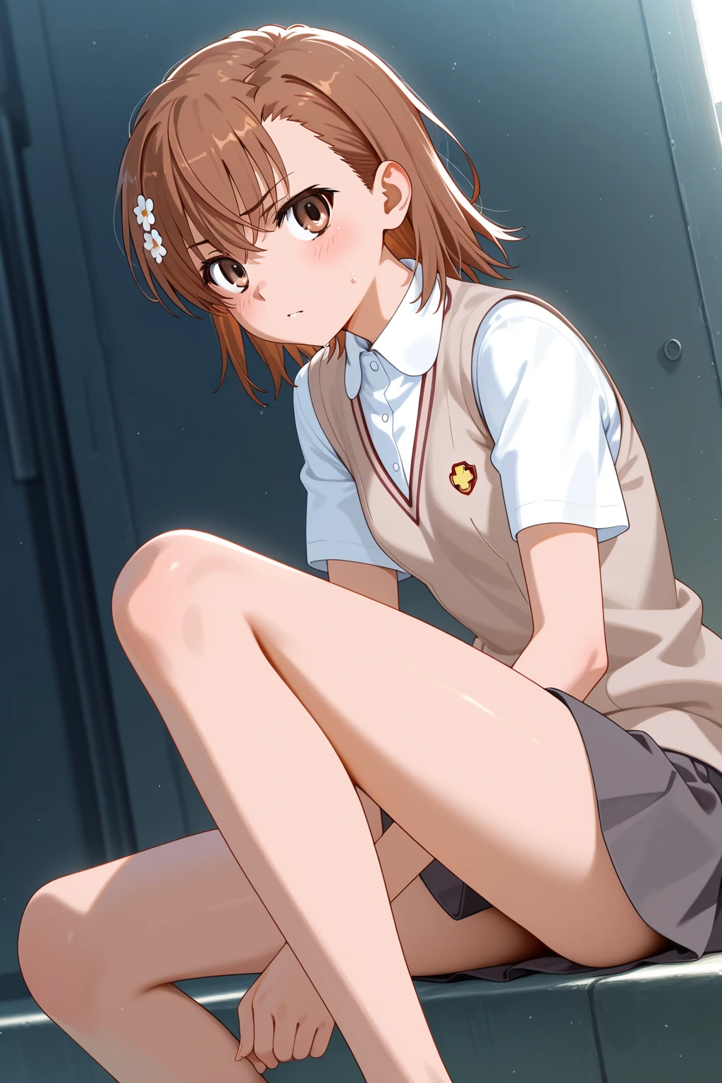 Misaka Mikto, At the bed, Brown Hair, Straddling a man's lower abdomen, Inserting the penis into the vaginal opening, Sperm drips from the vaginal opening, Small breasts, Spread your legs, hair ornaments, skirt, A burst of electricity