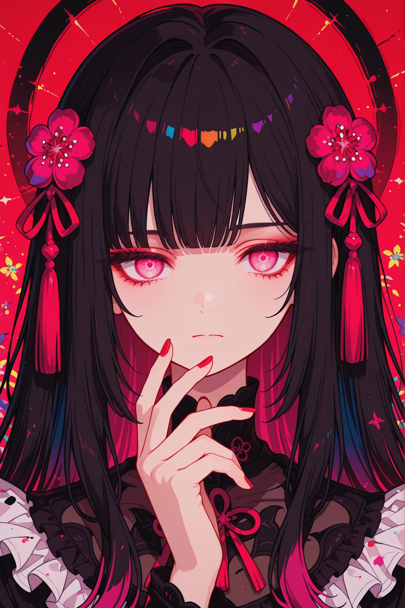 
girls, solo, red nails, viewers staring sharply, Bang, pink eyes, long hair, black hair, hair ornament, hand up, Flower, blunt Bang, closed mouth, Tassel, ribbon, portrait, colorful, red background, frills, multi-colored hair, upper body,
