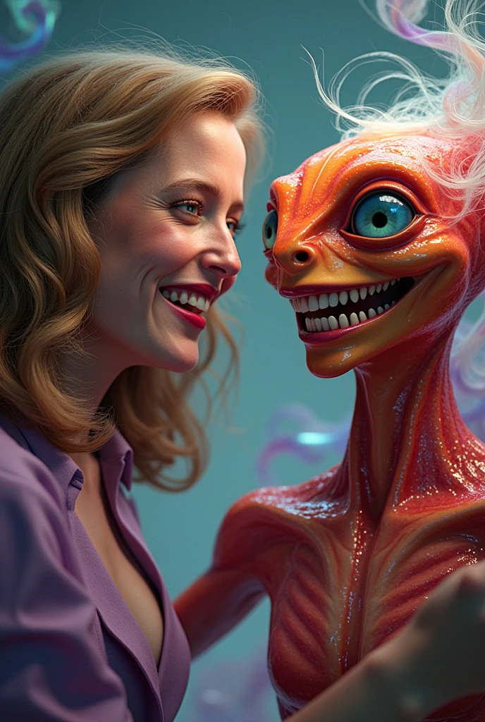 (masterpiece, 8K, UHD, RAW), A sexy Ginger haired girl kissing an evil alien on a bed, (((a beautiful young woman riding on top of one huge horrific alien))), (she rides the male alien with lustful femininity), her beautiful body is covered by a sheer translucent white lace bra with Art Nouveau embroidery, large sexy perky breasts, her pristine delicate features contrasts with the horrendous menacing fangs of the corrupted male alien, full body vibrant illustrations, intricately sculpted, realistic hyper-detailed portraits, queencore, depicts real life, the scene happens in a luxurious Art Nouveau boudoir with studio illumination,cream and teal silk satin,