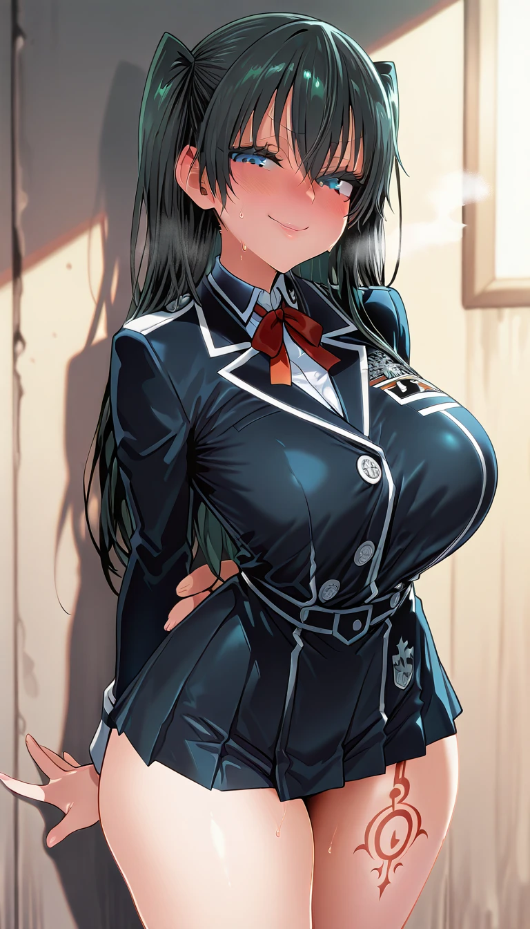 (highest quality:1.2, Anime artwork, Very detailed, High Detail, digital coloring, High Contrast, masterpiece:1.2, highest quality, Best aesthetics), 8k,masterpiece, cute,tall,beautiful,best quality, 1lady,black hair,long hair,empty eyes, (finely detailed empty pupils and detailed face),,,,extremely detailed cg unity 8k wallpaper,solo,(latex military costume:0.9),large breasts,seductive smile,military hat,latex thighhigh,large breasts,black hair,pink eyes,leotard,pantyhose,military coat,enamel suits,grossy lips,sitting,,sadistic smile,,heel,shiny skin,military coat,detailed face,beautiful body,full-body,adult,