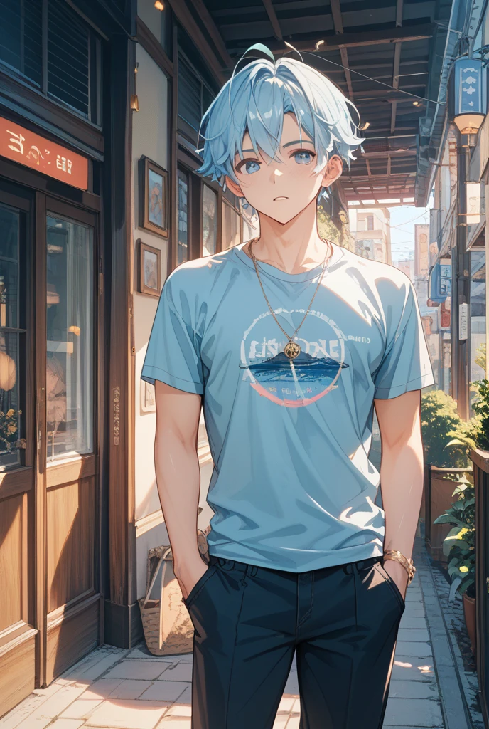 A black, dark skinned, 18-year-old boy in the middle of the bright city, with a nice smile, circular glasses, white T shirt and black pants with a heart necklace, light blue hair and light blue eyes
